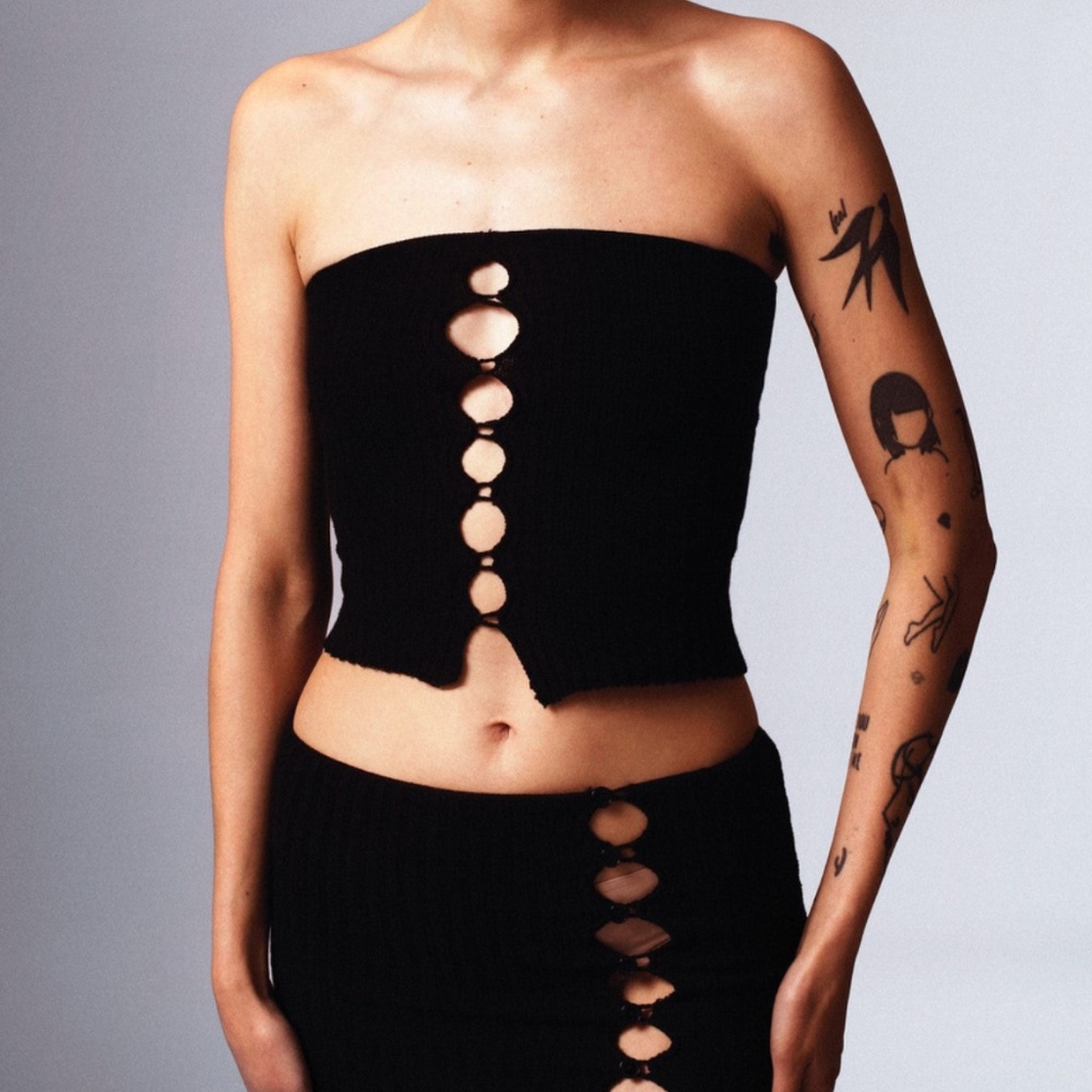 Maison Cleo ANANIA black knitted cotton cutout bustier top